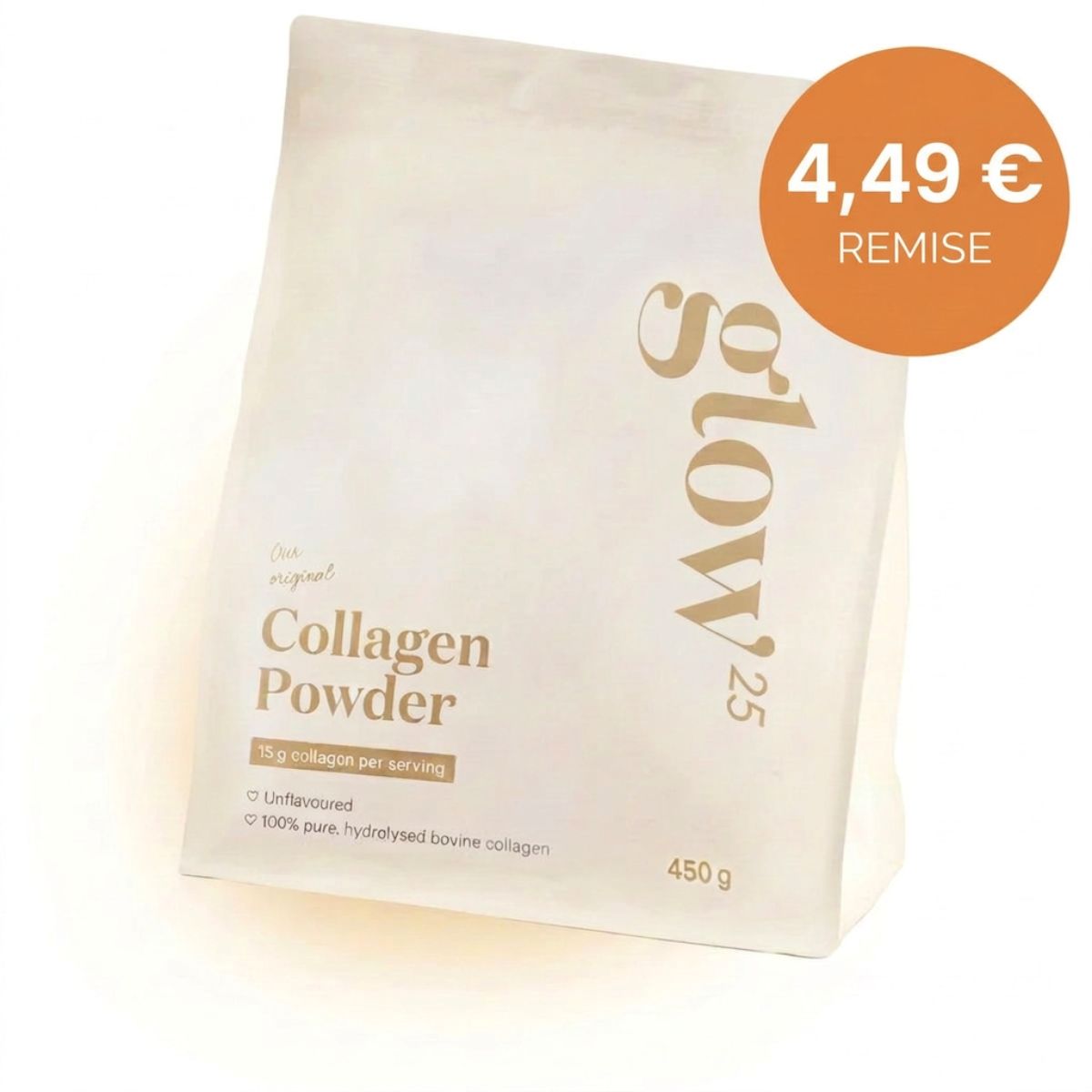 A white pouch of Glow25 Collagen Powder against a white background with a price tag.
