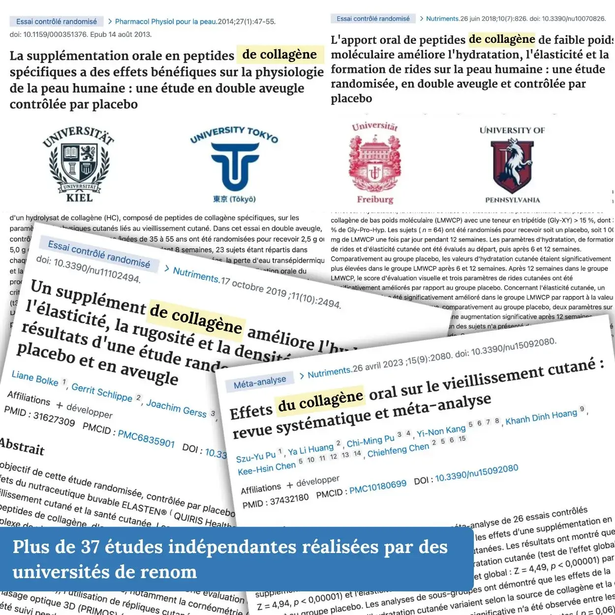 Collage of French scientific article excerpts on collagen studies with university logos.