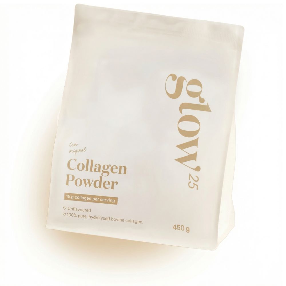 A white pouch of Glow25 Collagen Powder, unflavoured, against a plain white background.