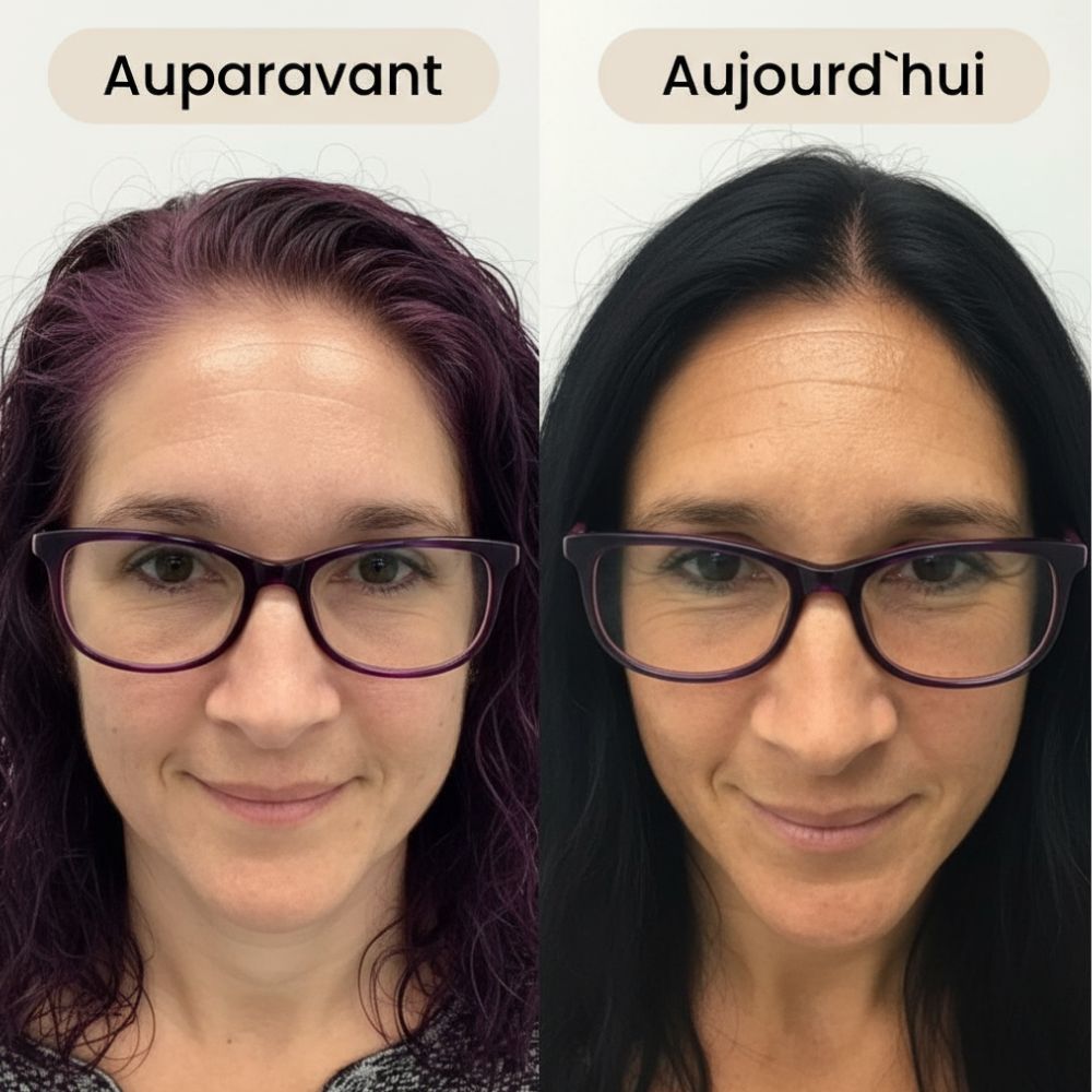 Two side-by-side photos of a woman with different hair colors labeled 'Auparavant' and 'Aujourd'hui'.