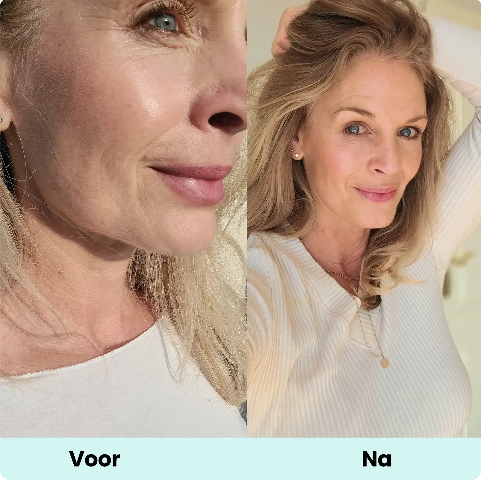 A before and after image showing a close-up of a woman's face and a full-face portrait.