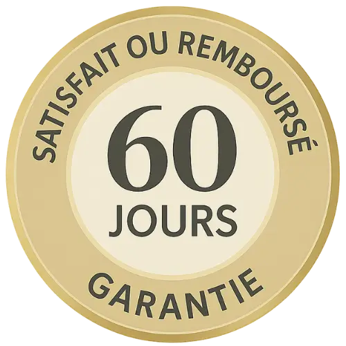 Circular badge with '60 jours satisfait ou remboursé garantie' text.
