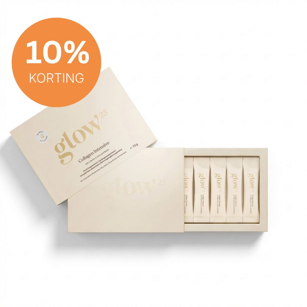 A box of glow25 Collagen Intensive, open to show individual packets, with a 10% discount graphic.