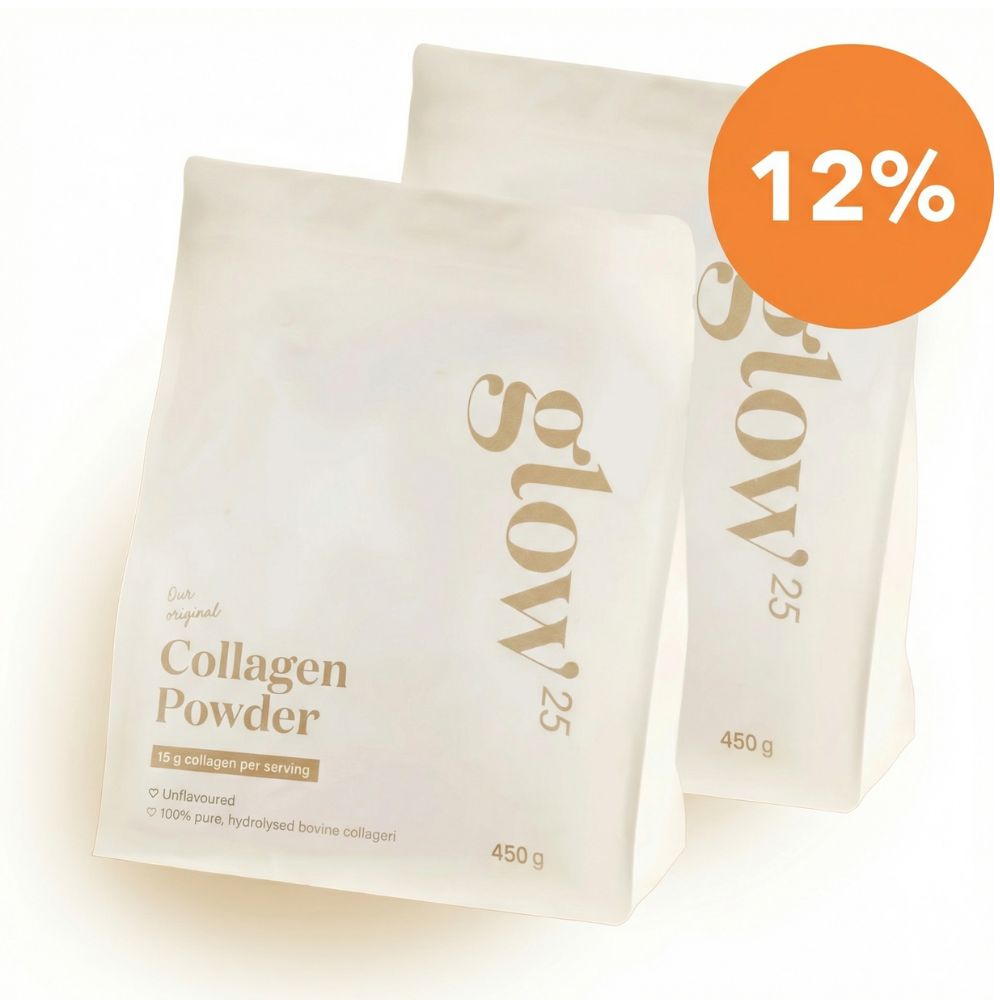 Two white bags of Glow25 Collagen Powder with an orange circle showing '12%' in the corner.
