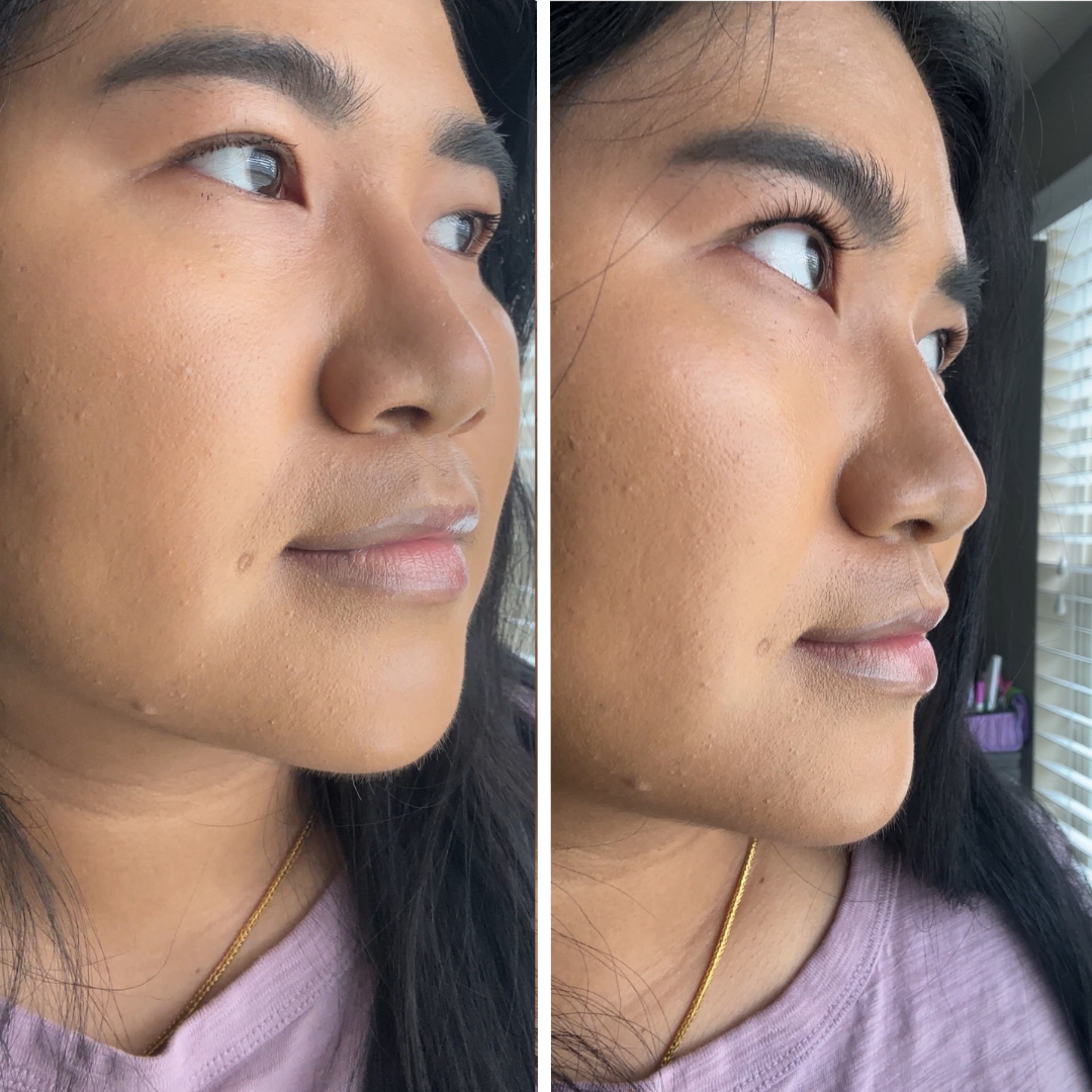 Side-by-side comparison of a woman's face, showing skin texture and makeup.