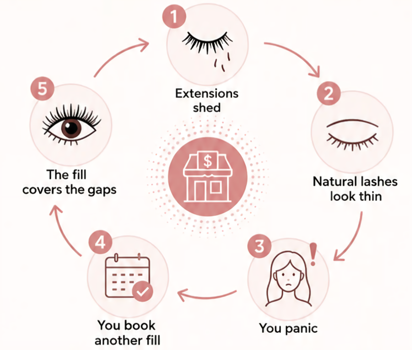 An infographic illustrating the five-step cycle of eyelash extension maintenance, from shedding to getting a new fill.