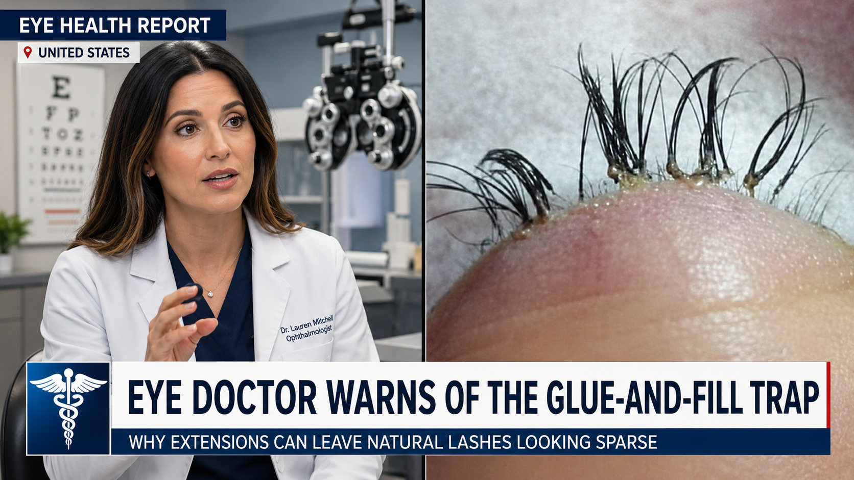 A split-screen image showing an eye doctor and a close-up of clumpy eyelash extensions.