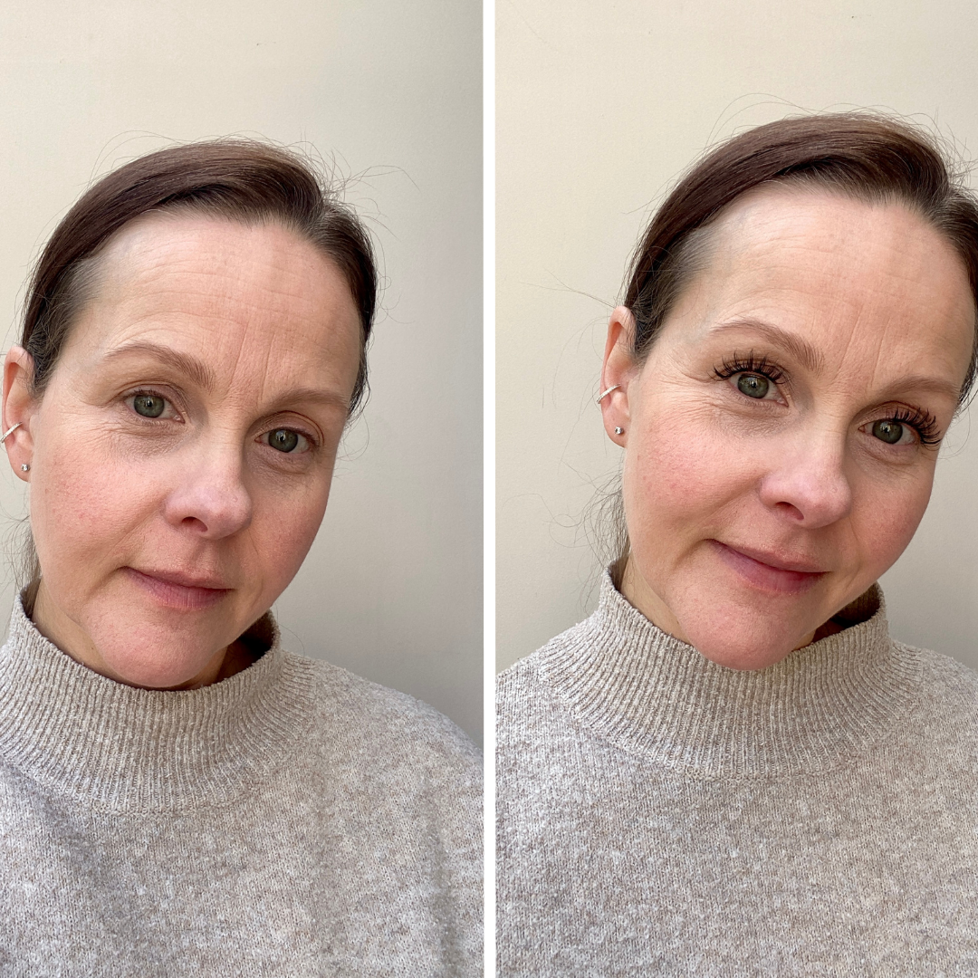 Side-by-side comparison of a woman before and after applying makeup.