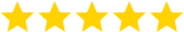 Five yellow stars in a row on a transparent background.