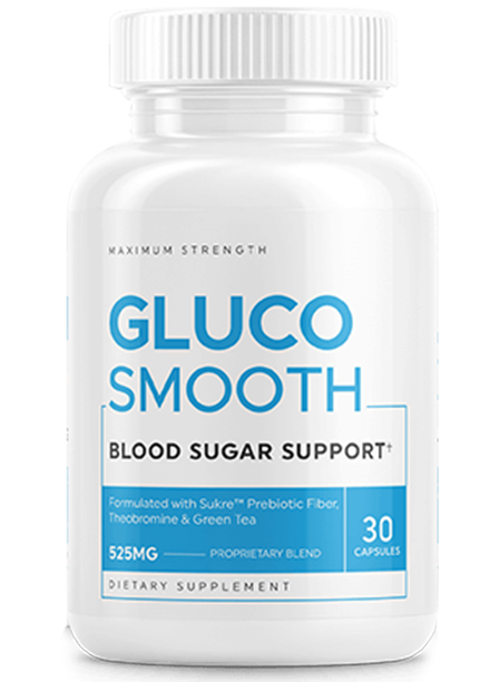 White bottle labeled 'Gluco Smooth Blood Sugar Support' with 30 capsules.