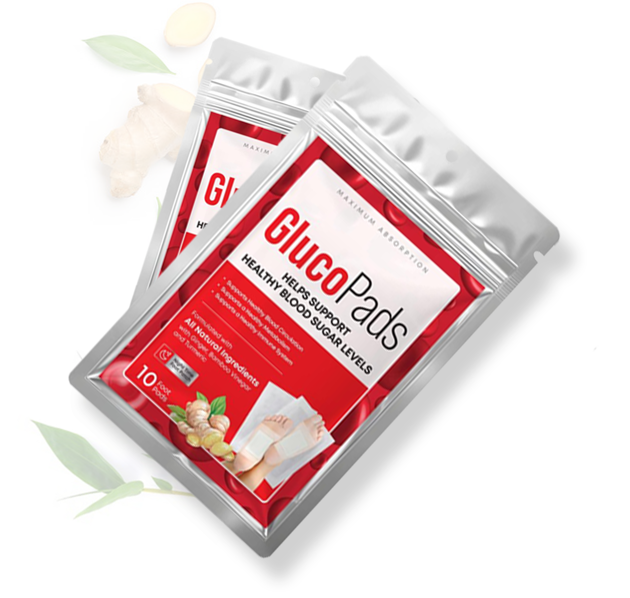 Two packages of GlucoPads for healthy blood sugar support, displayed with ginger and green leaves.