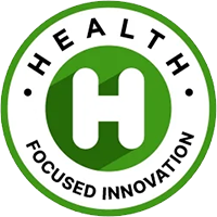 Green and white circular logo with 'Health Focused Innovation' text.