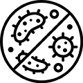 A black line icon of bacteria and a virus inside a circle with a diagonal line through it.