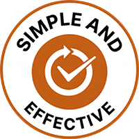 Orange circle with text 'Simple and Effective' around a checkmark and arrow.