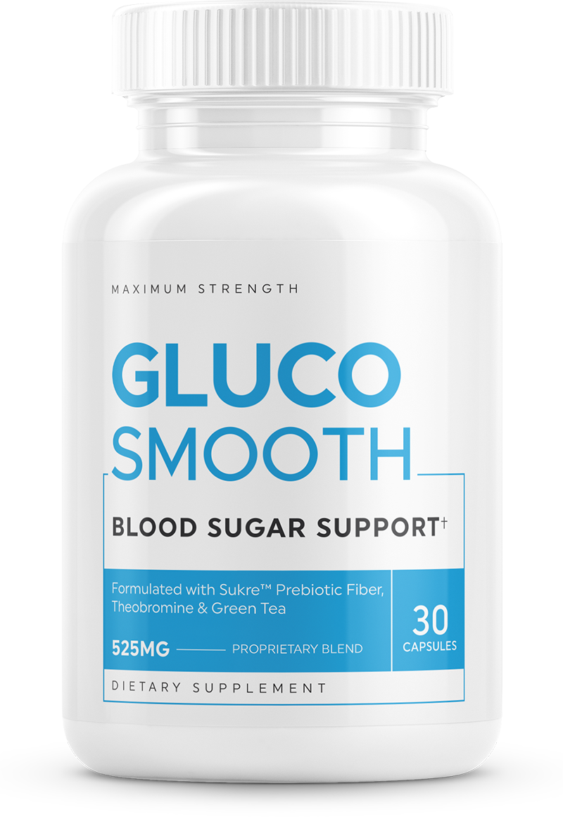 A white bottle of Gluco Smooth, a blood sugar support dietary supplement, against a green background.