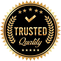 Gold and black trusted quality seal with stars and laurel wreaths.