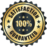 A gold and black badge with '100% Satisfaction Guaranteed' text and stars.