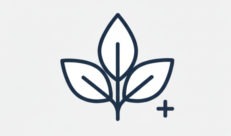 Simple line drawing of three leaves with a plus sign.