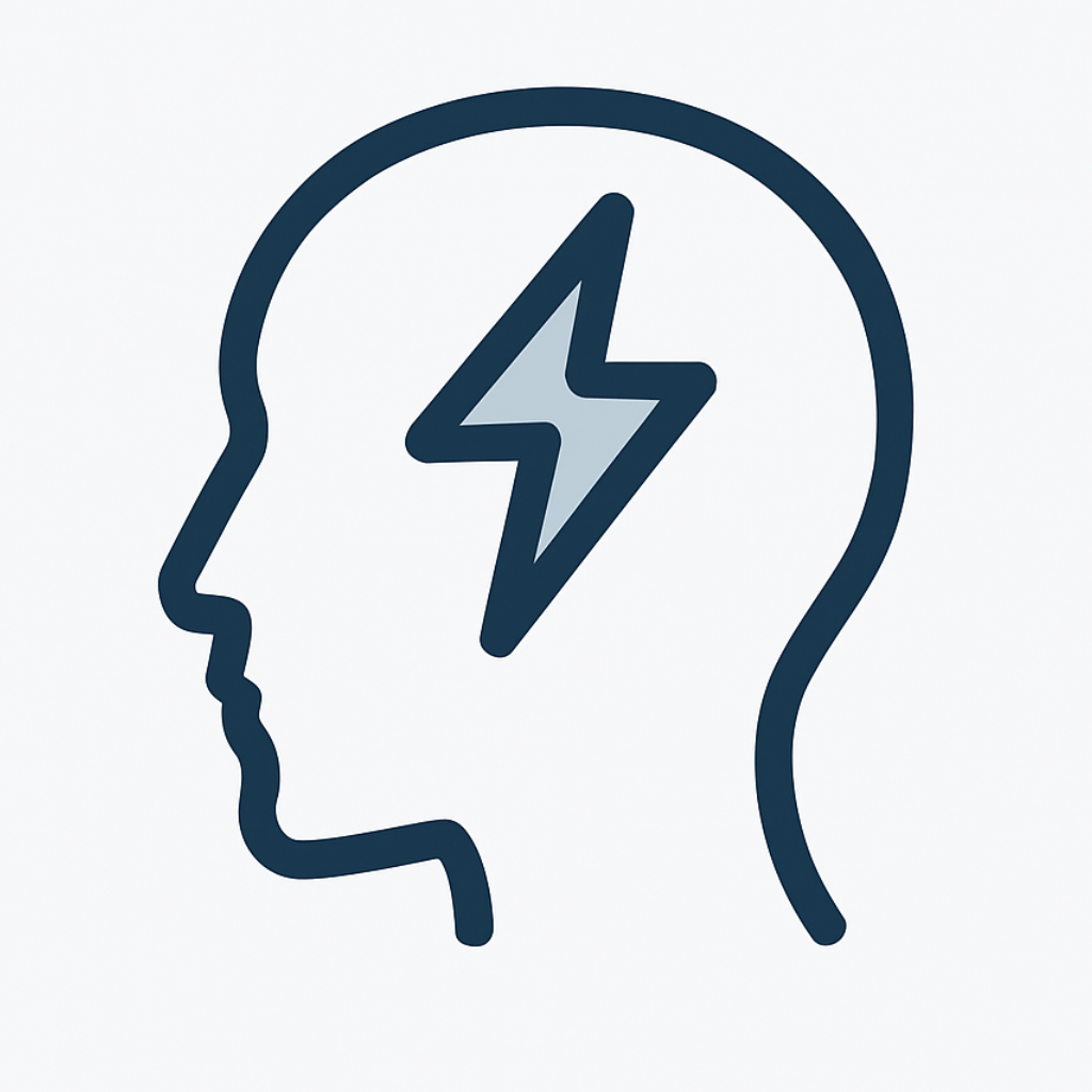 Silhouette of a head with a lightning bolt inside.