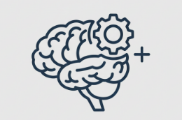 Outline of a brain with a gear and plus sign.