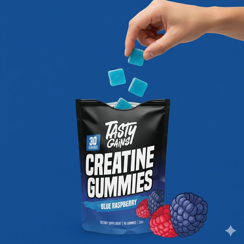 Hand dropping blue gummies into open black pouch.