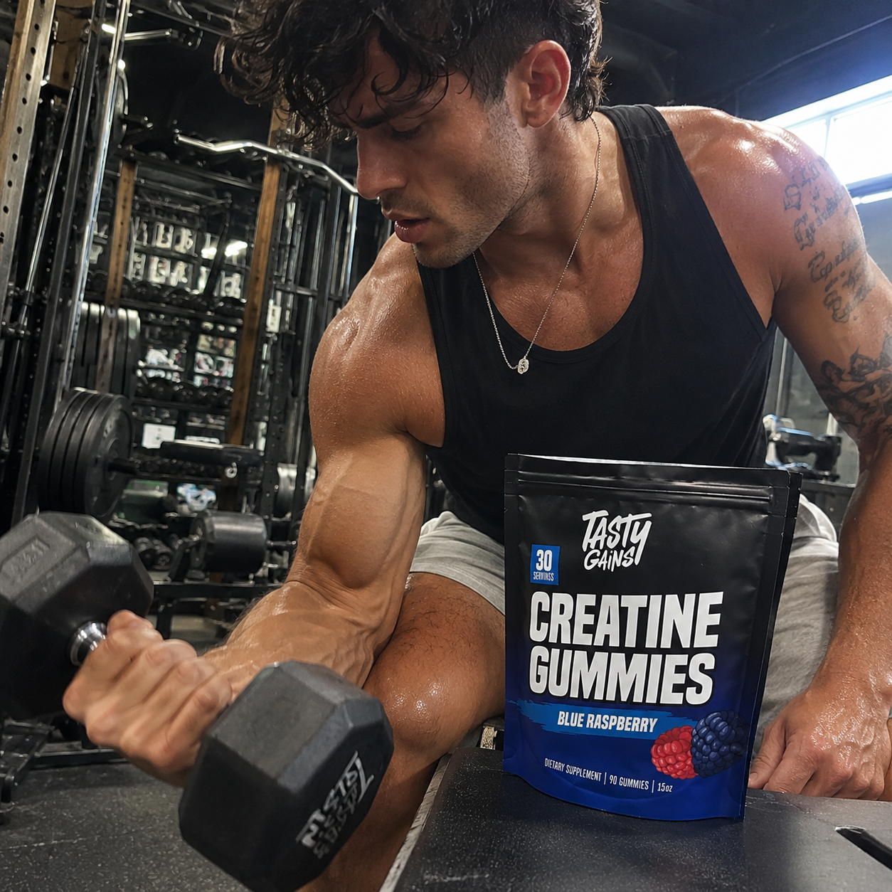 A muscular man in a gym performs a bicep curl next to a bag of creatine gummies.