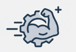 Icon of a flexed arm inside a gear with motion lines and a plus sign.