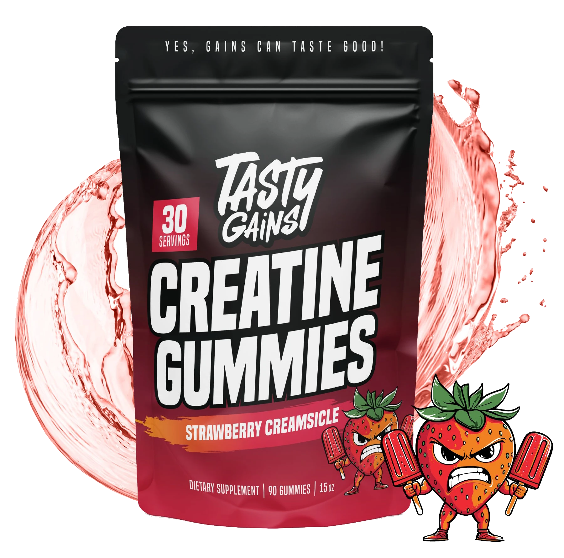 Creatine gummies package with cartoon strawberry characters and a splash of pink liquid.