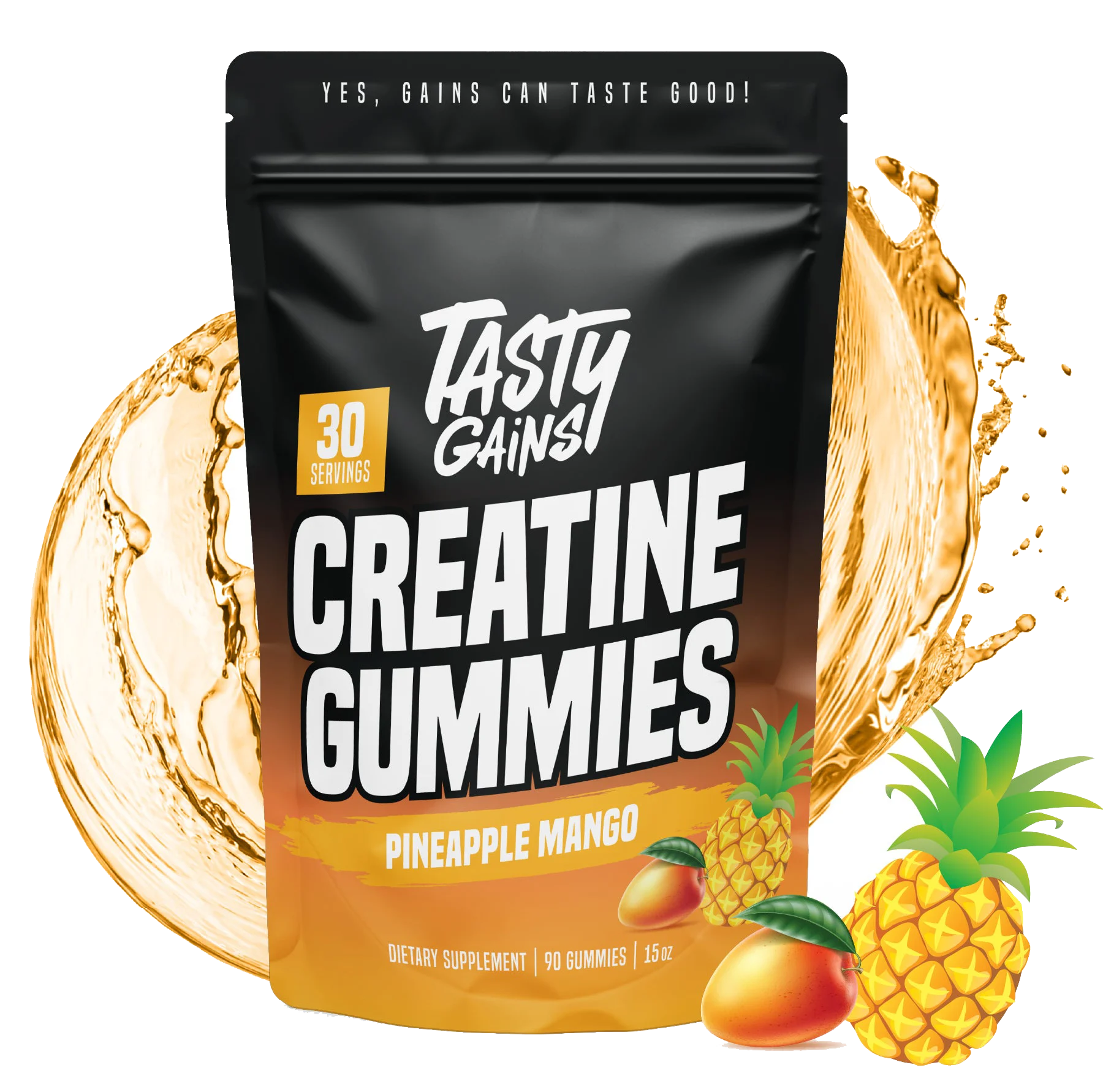 Package of pineapple mango creatine gummies with fruit and splash graphic.