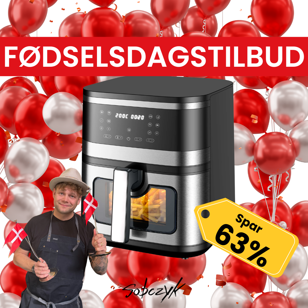 Air fryer sale advertisement with balloons, a chef, and a 63% discount tag.