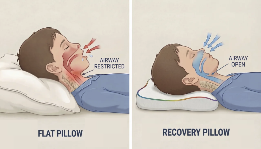 A diagram showing how a flat pillow restricts the airway while a recovery pillow keeps it open.