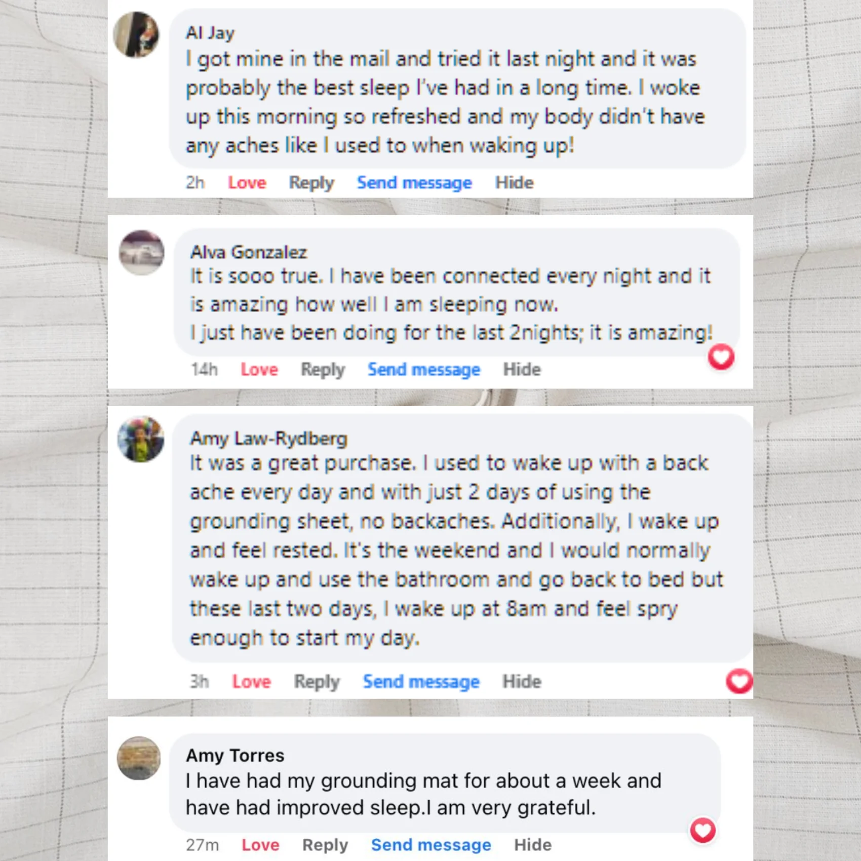 A collage of four screenshots of positive customer testimonials regarding improved sleep.
