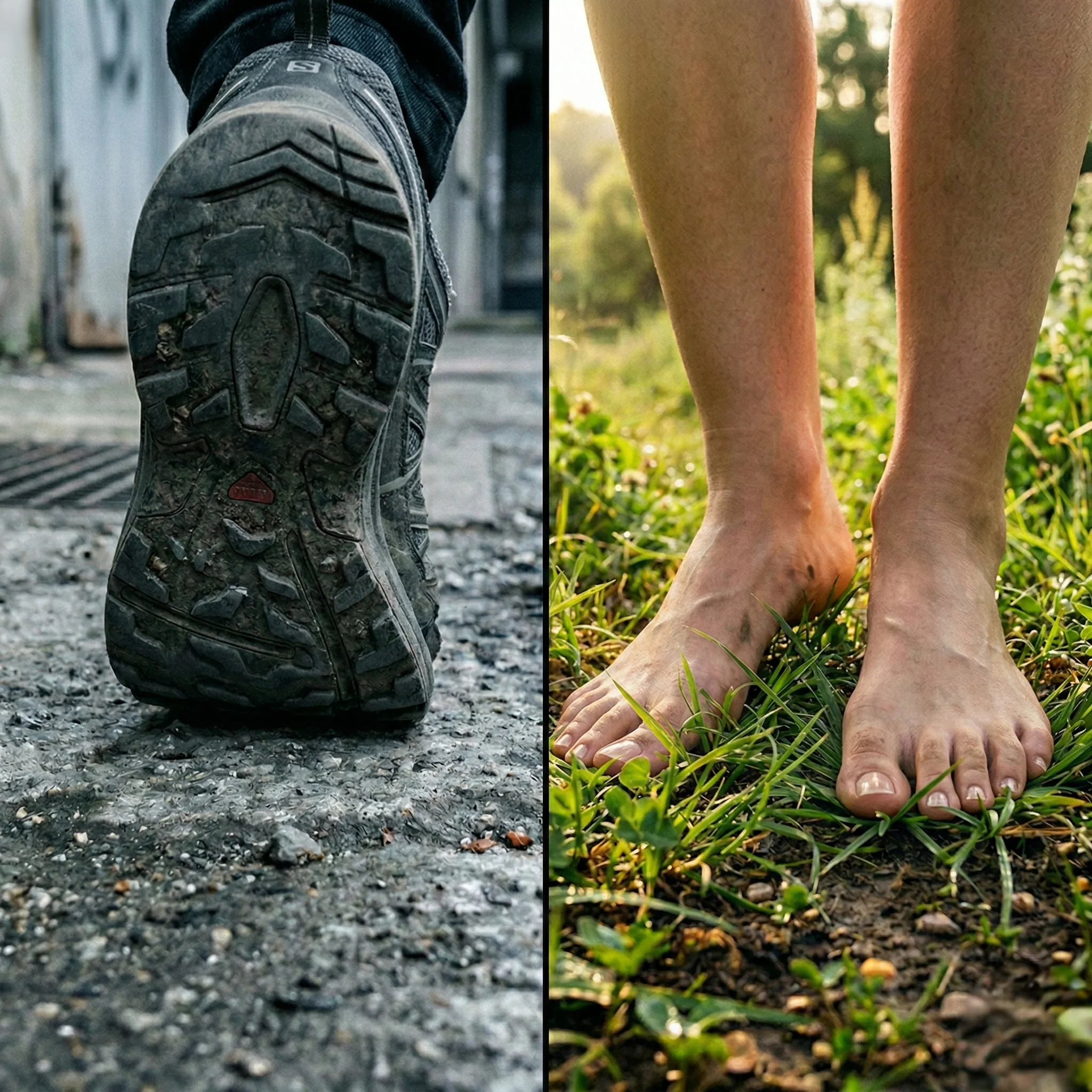 A split image contrasting a muddy boot on pavement with bare feet on green grass.