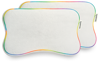 Two white, contoured pillows with rainbow-colored piping around the edges, shown on a white background.