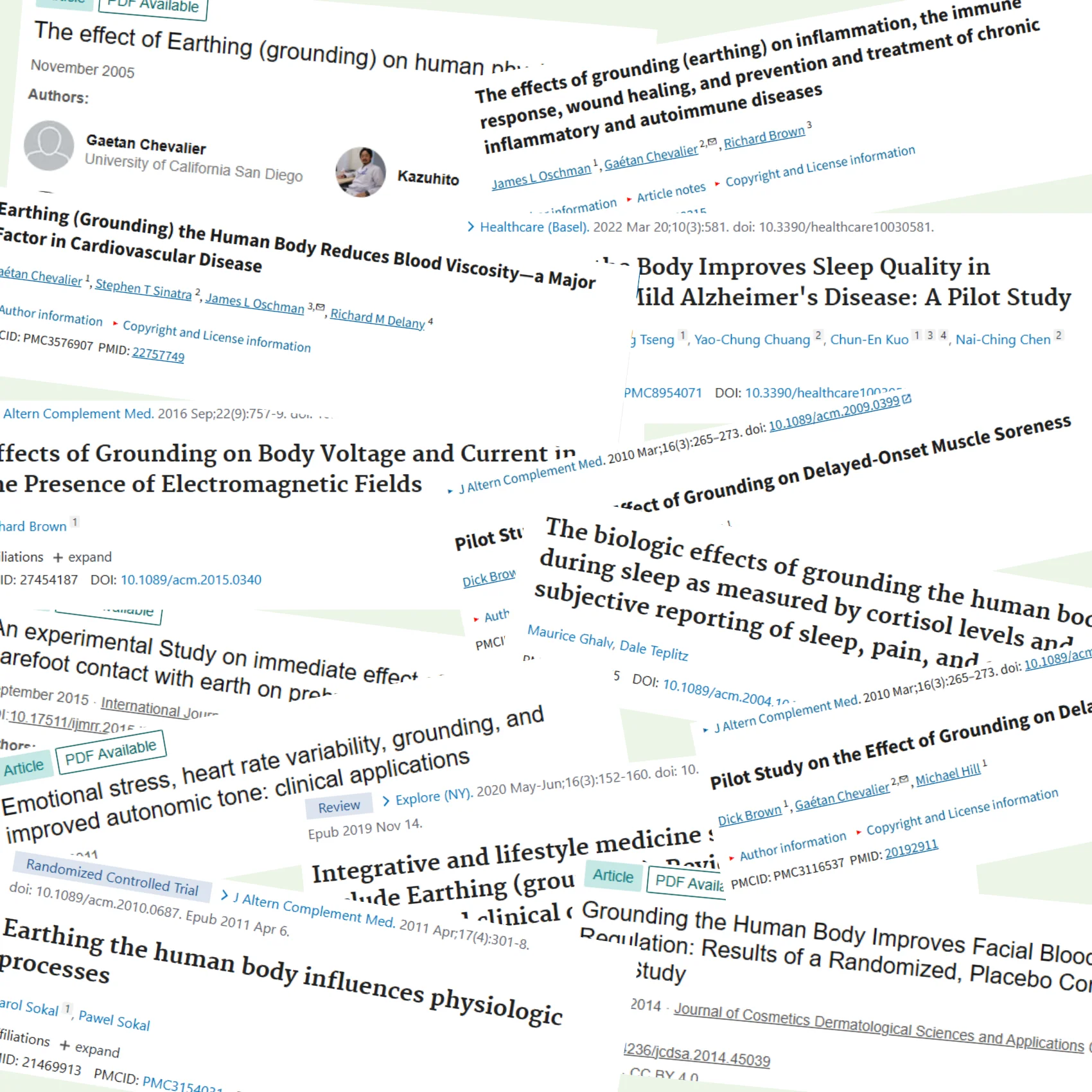 A collage of titles and author information from scientific studies about earthing and grounding.