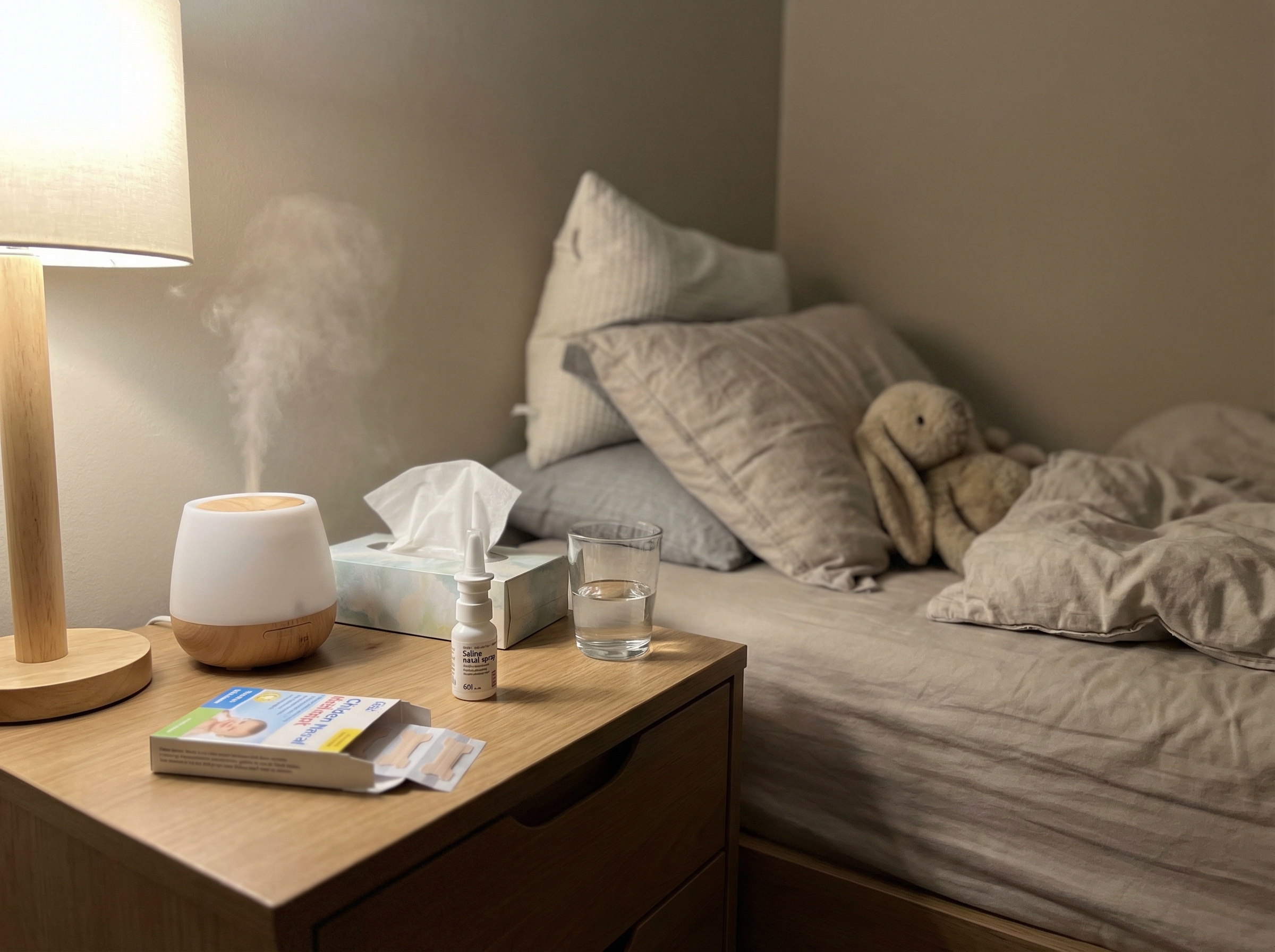 A bedside table with a humidifier, tissues, and cold remedies next to a bed.