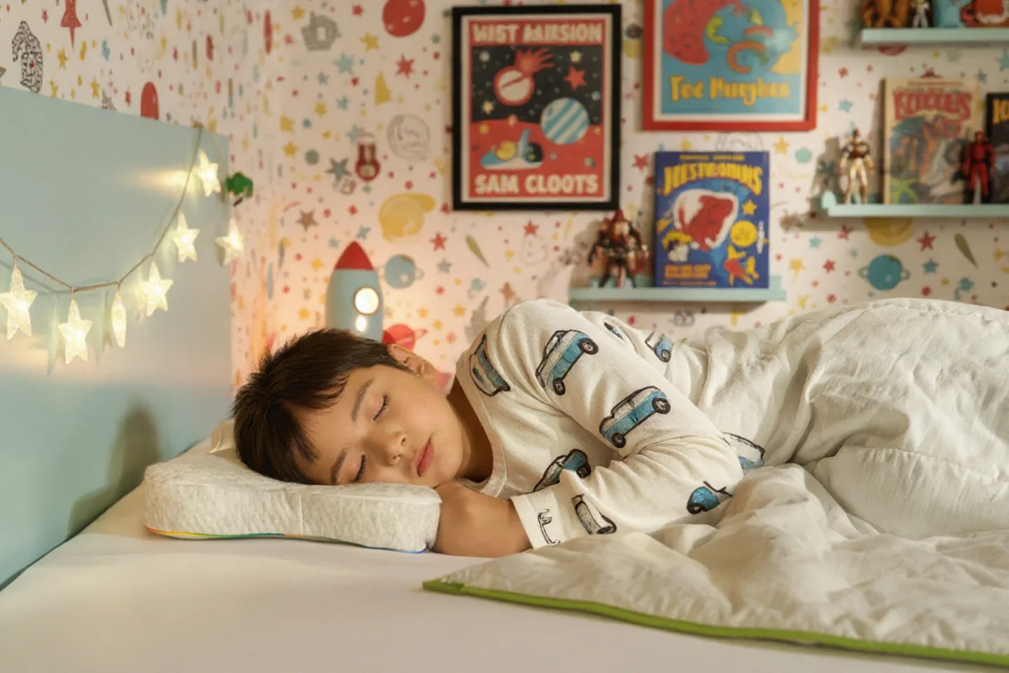 A young boy sleeps peacefully in his bed in a space-themed bedroom with star-shaped lights.