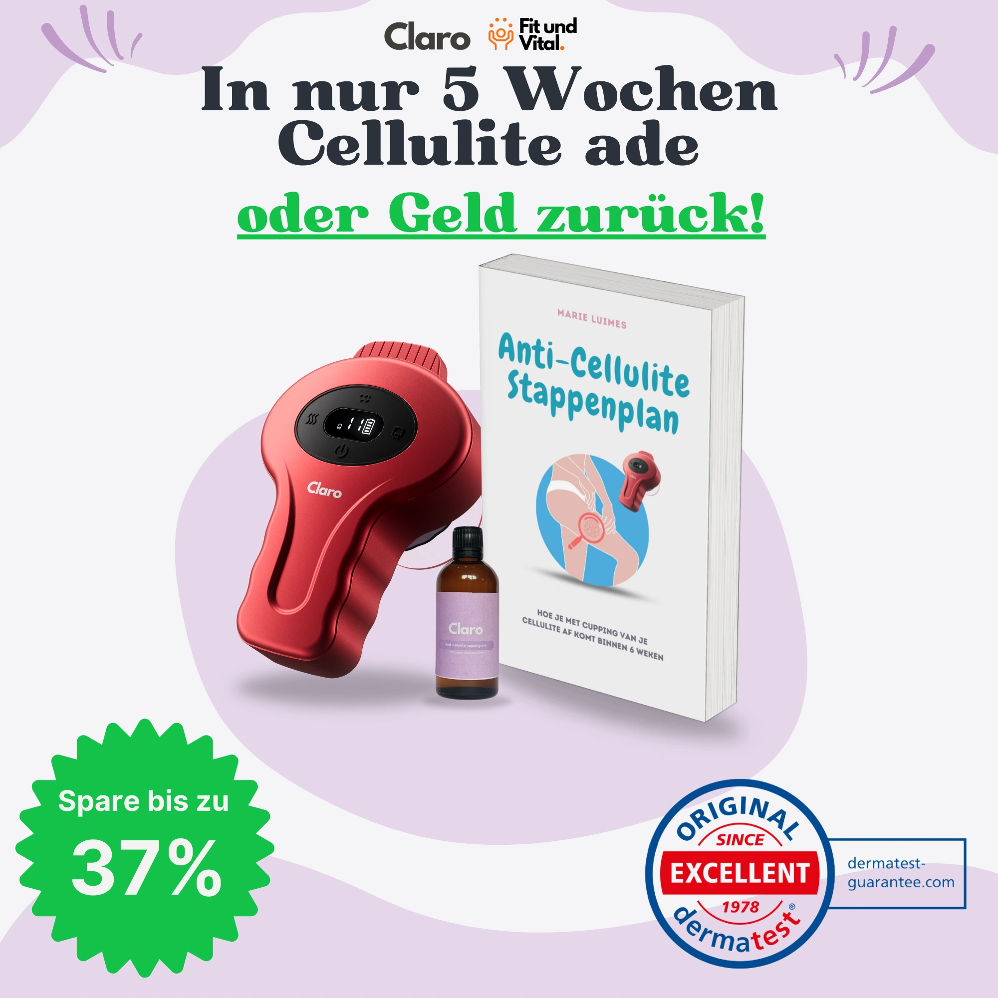 Anti-cellulite device, book, and bottle with promotional text in German.