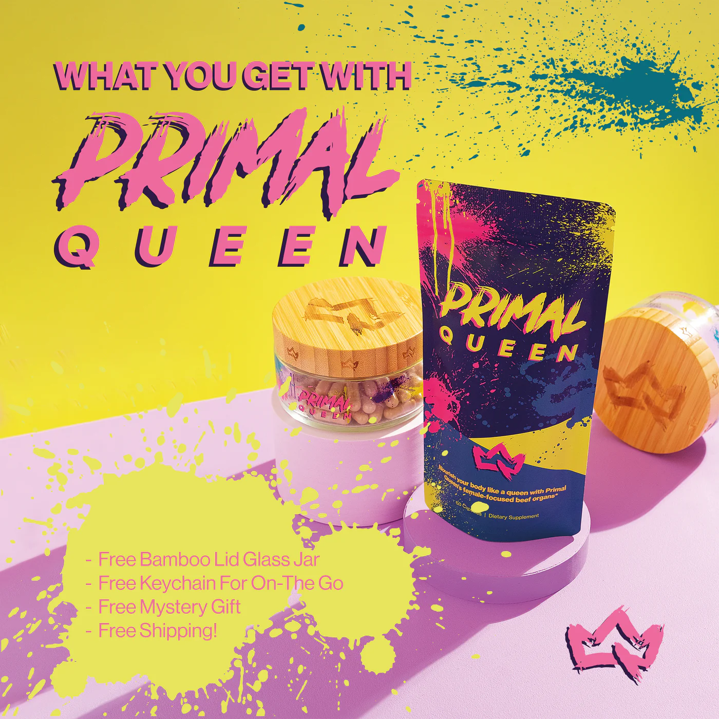 Colorful product packaging with text 'Primal Queen' and promotional offers on a vibrant background.