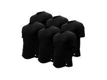 Six black t-shirts arranged in two rows.