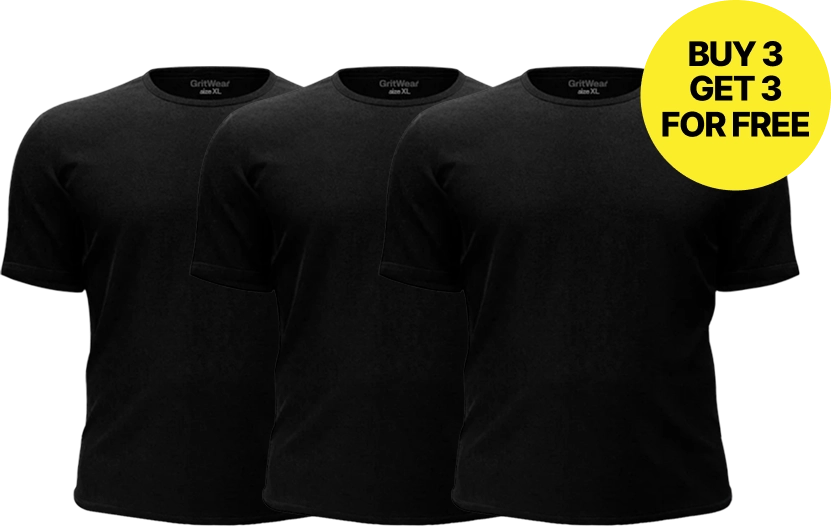 Three black T-shirts with a 'Buy 3 Get 3 Free' offer badge.