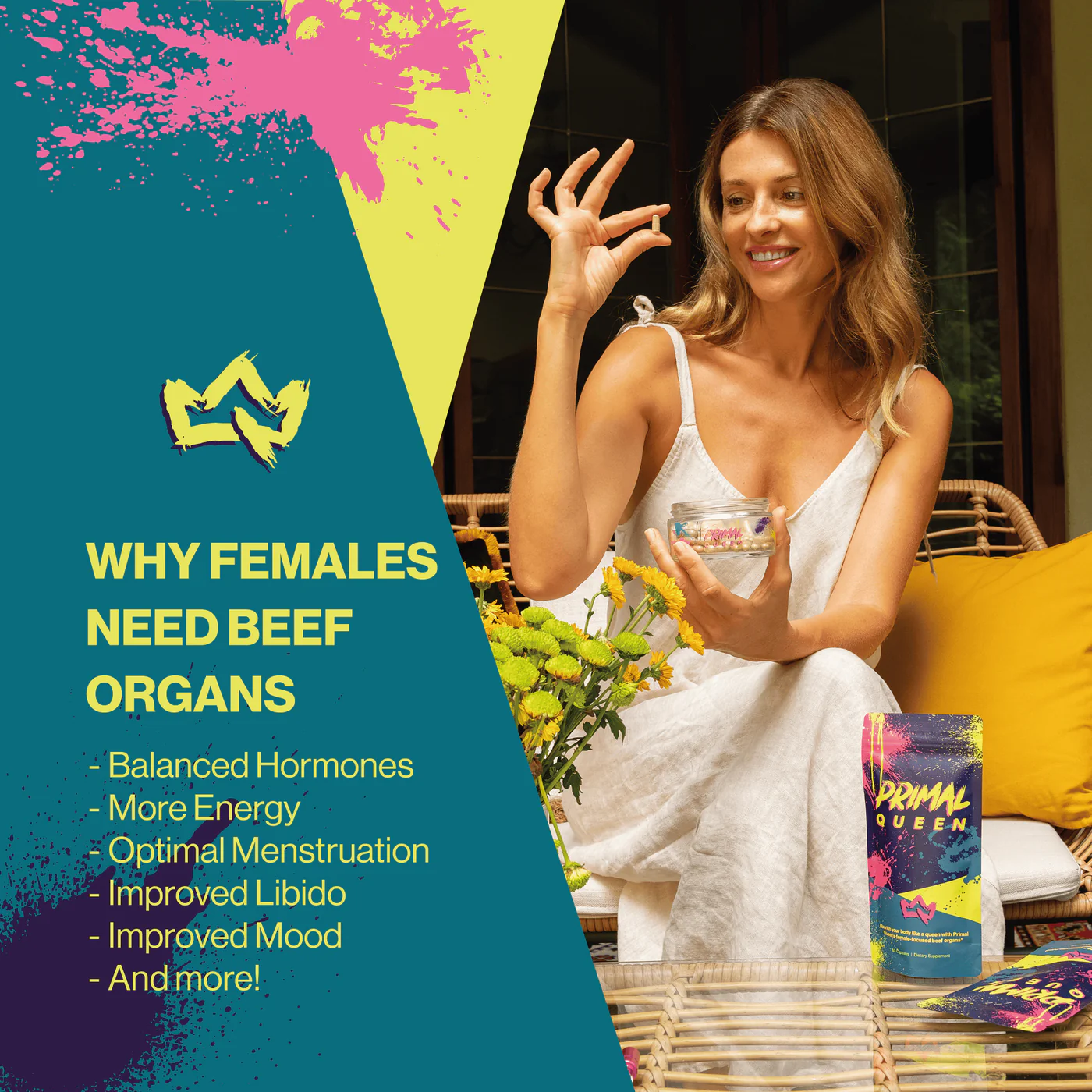 Woman holding supplement, text about benefits of beef organs for females.