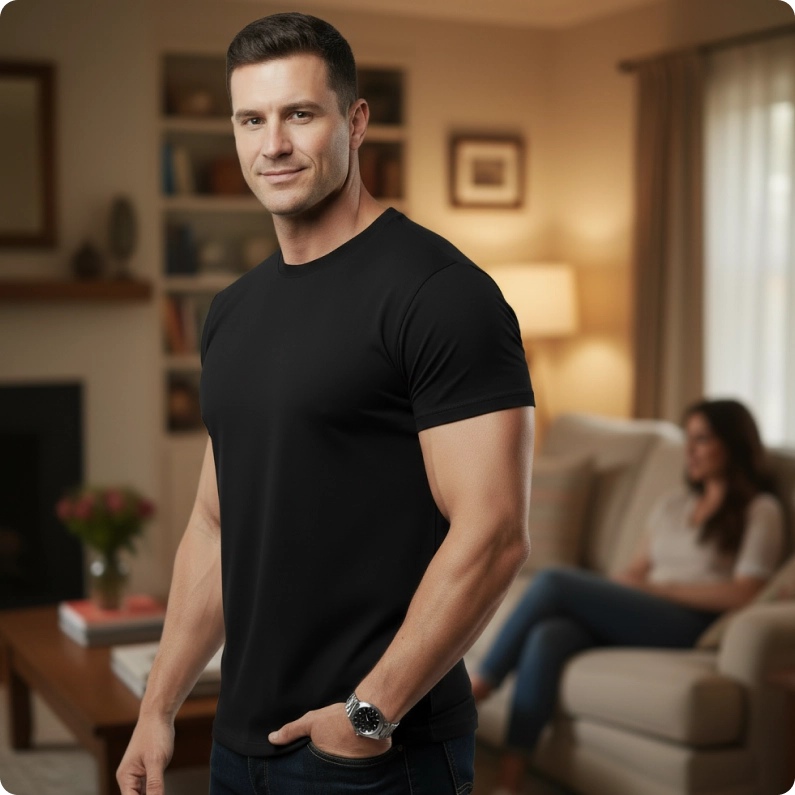 Man in black shirt stands in living room with seated woman in background.