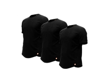 Three black T-shirts displayed side by side on a white background.