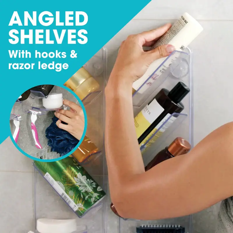 Person organizing shower products on wall-mounted angled shelves.