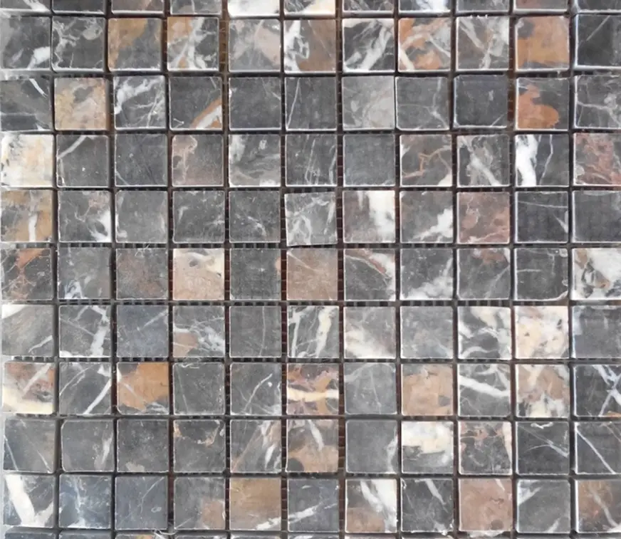 Square tiles with a mix of gray, brown, and white marble patterns.