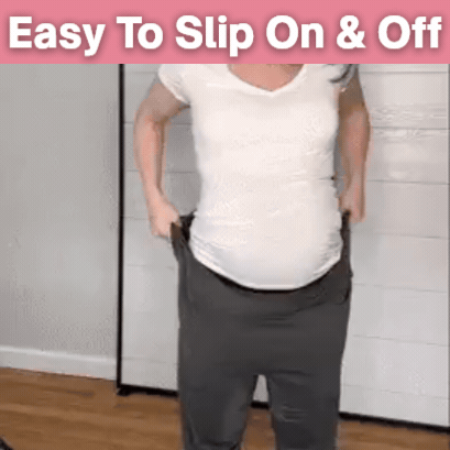 Person wearing loose pants with text 'Easy To Slip On & Off' above.