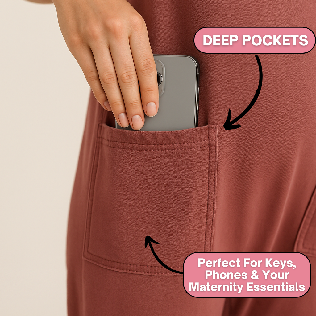 Hand placing phone in deep pocket of maroon fabric with text labels.