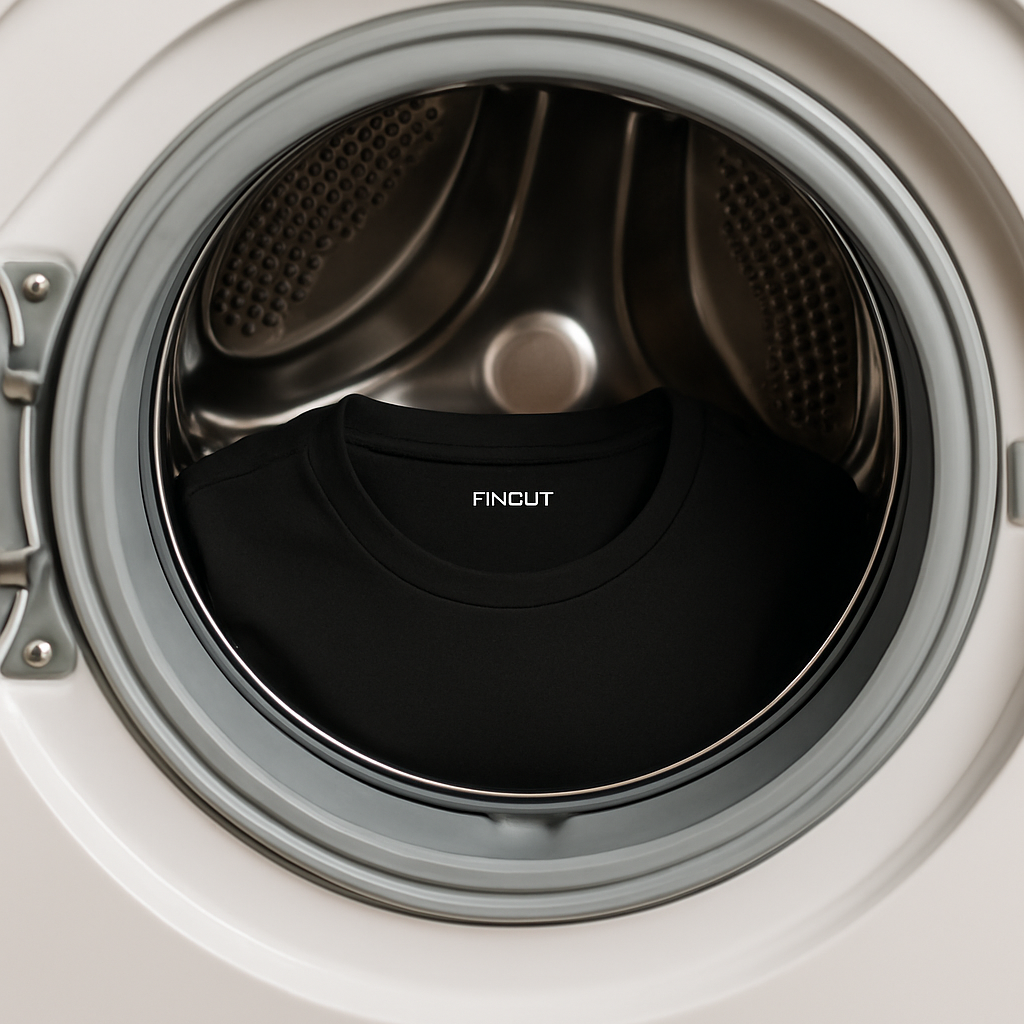 Black shirt with 'FINCUT' inside a washing machine drum.