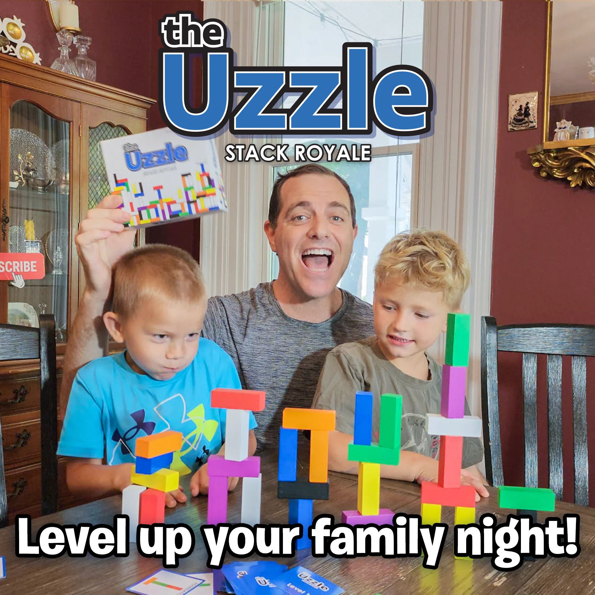 A family playing the Uzzle Stack Royale game with colorful blocks on a table.